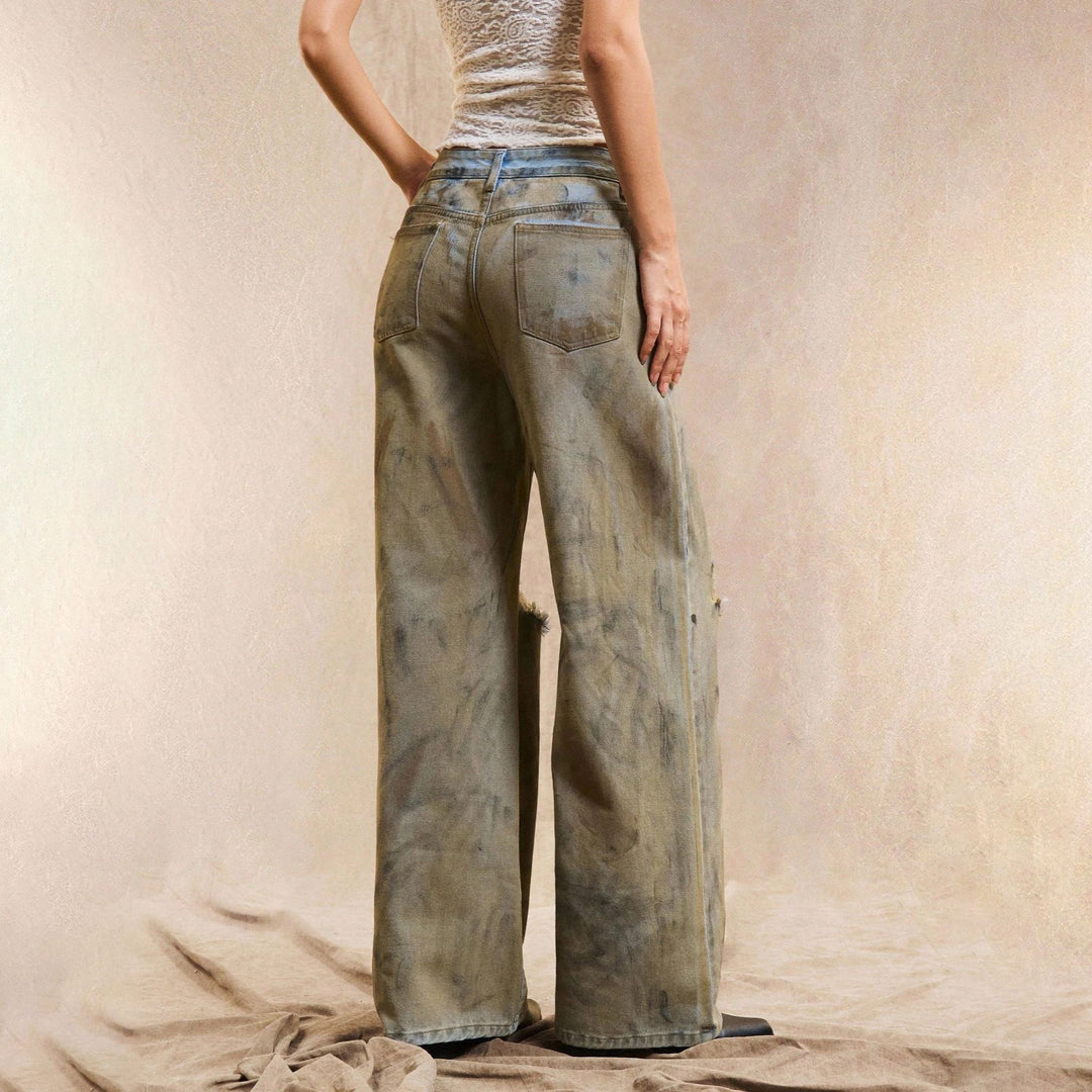 Kvindernes bredskårne jeans med slidte detaljer Stilla