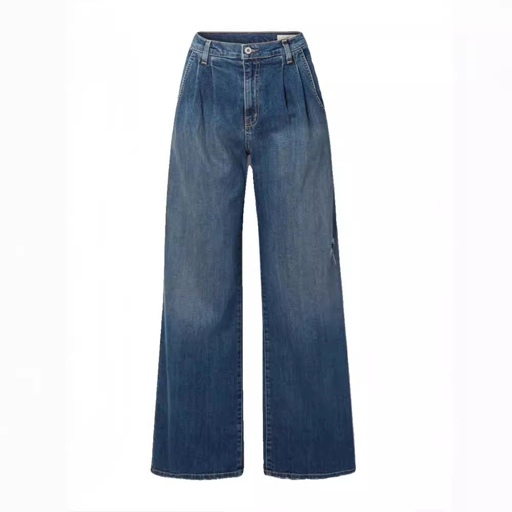 Dame bredskårne jeans med høj talje og elegante folder Stilla