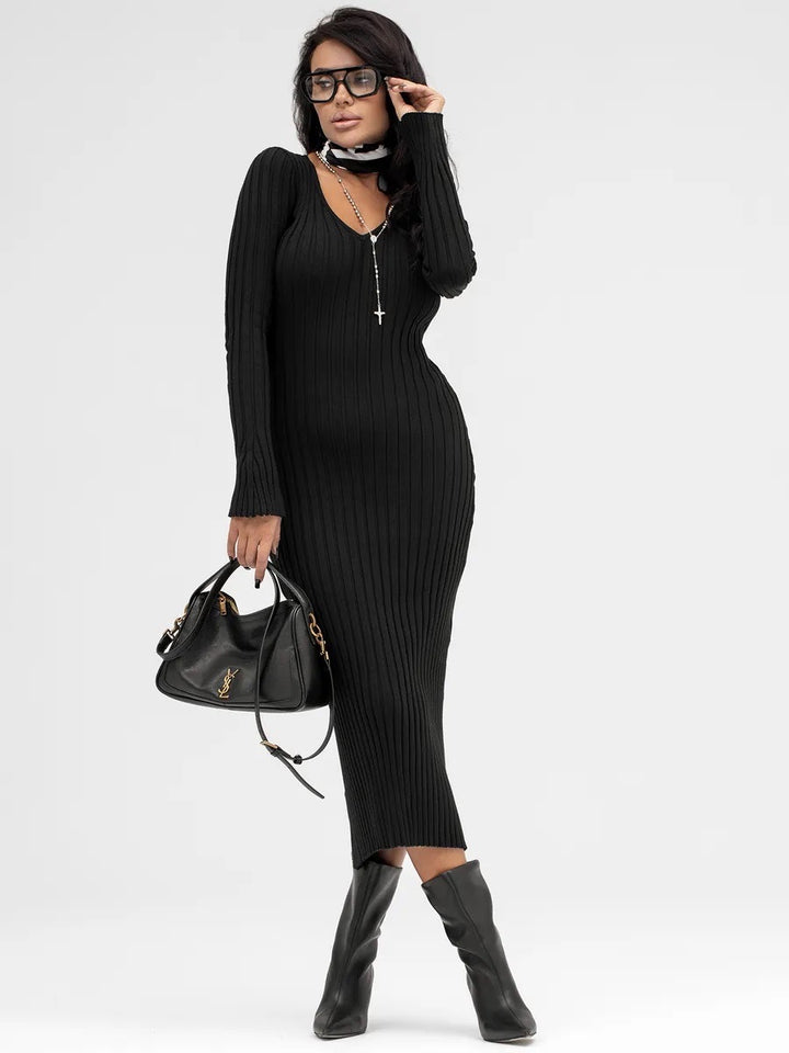 Femme Ribstrik Bodycon Midi Kjole med dyb V-udskæring Stilla
