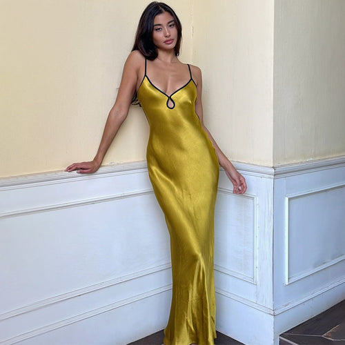 Dame Elegant Satin Maxikjole med justerbare spaghetti stropper og dyb V-udskæring Skovae