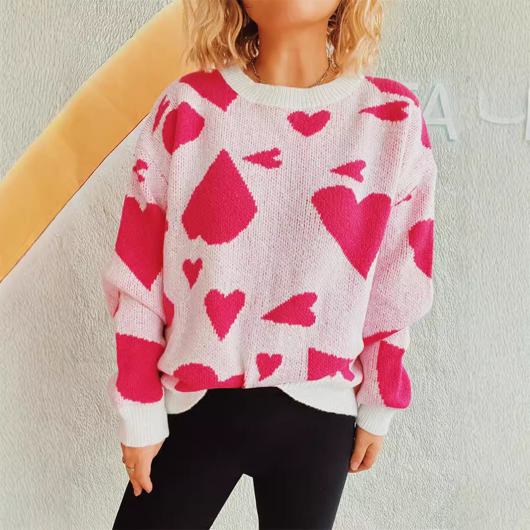 Kvinders løse sweater med hjerte mønster og bred skæring Stilla