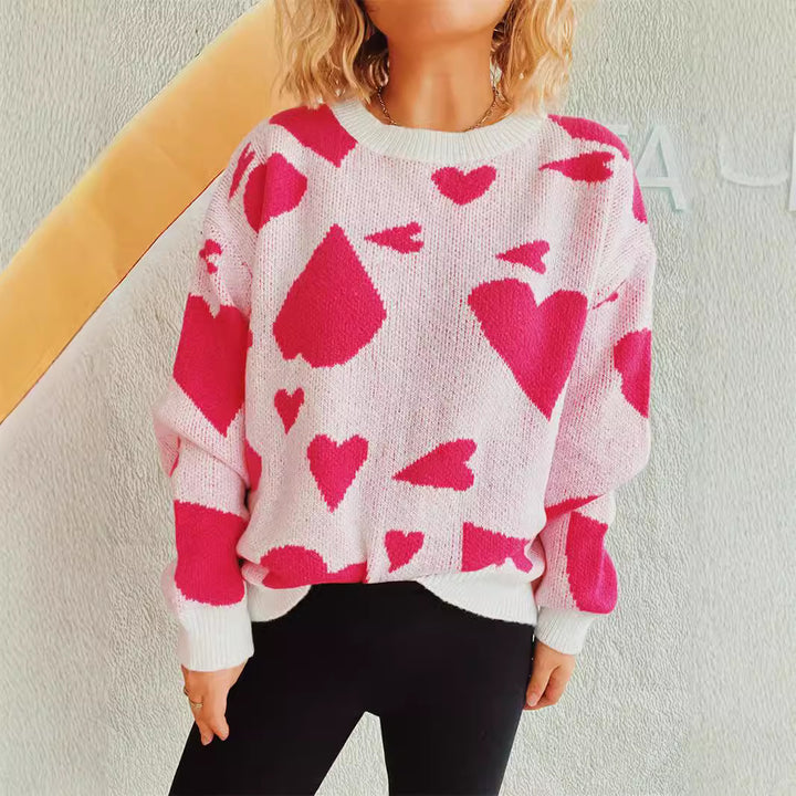 Kvinders løse sweater med hjerte mønster og bred skæring Stilla