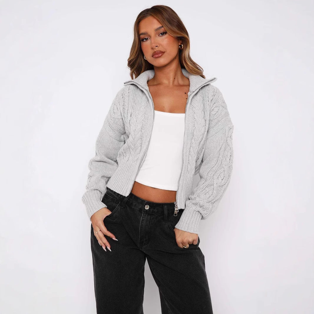 Kvinders fashionable kort strikket cardigan med kabelmønster og lynlås Stilla