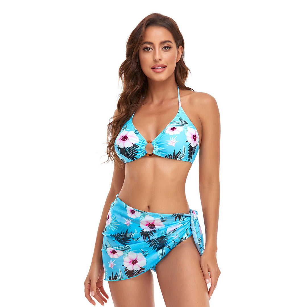 Dame Triangel-Bikini-Sæt med moderne omslagsskjørt og blomsterdesign Skovae