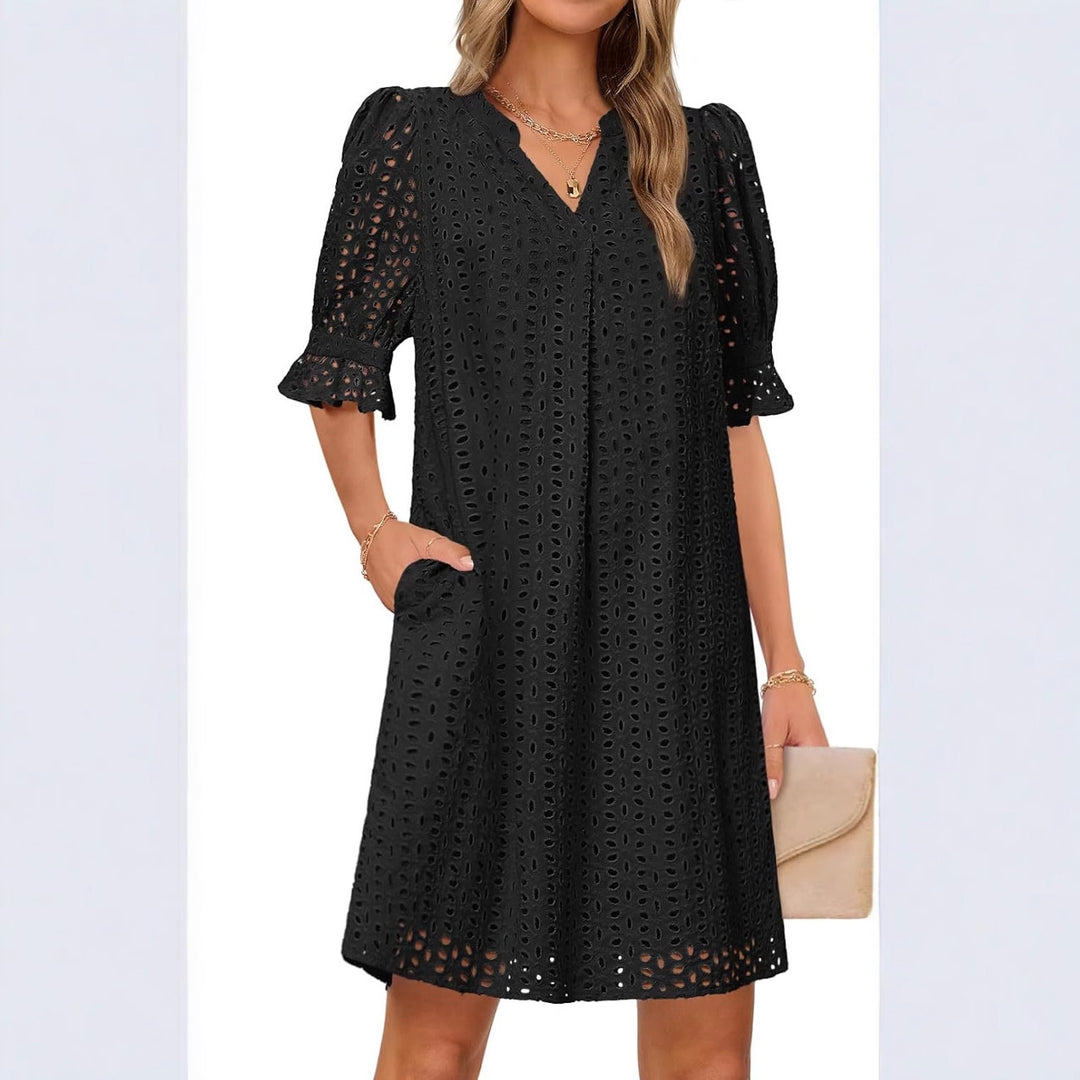 Kvinder Eyelet Midi Kjole med Puffærmer Stilla