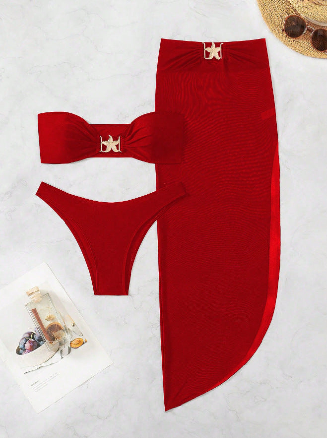 Dame bandeau-bikini med elegante snørredetaljer og høj udskæring Skovae