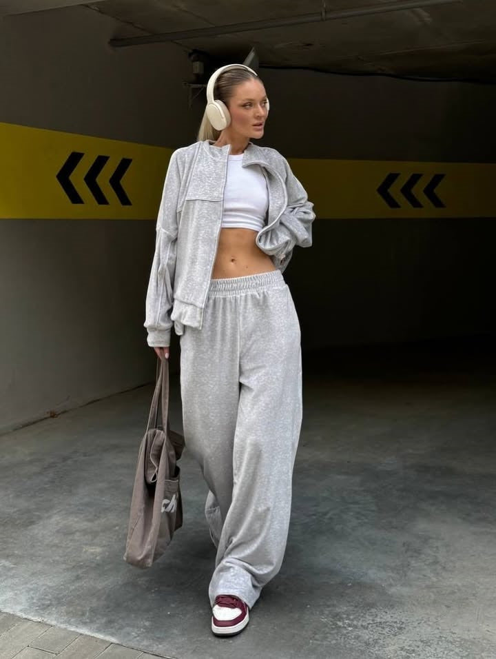 Damer sporty velour lounge sæt med høj talje og bredskårne bukser Skovae