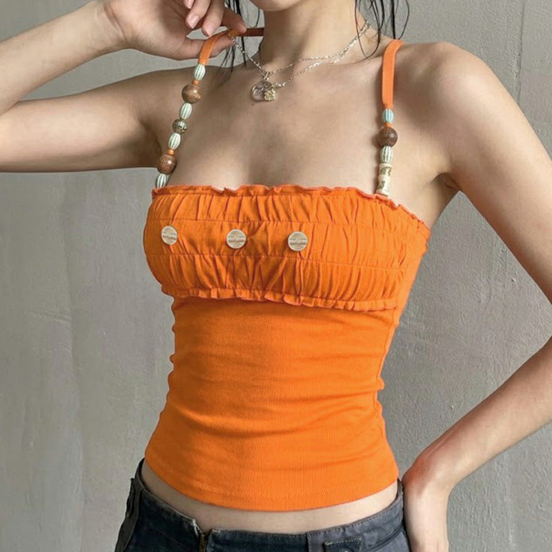 Damen Spitzen-Crop-Top mit dekorativem Rüschen und Knopfdetails Skovae
