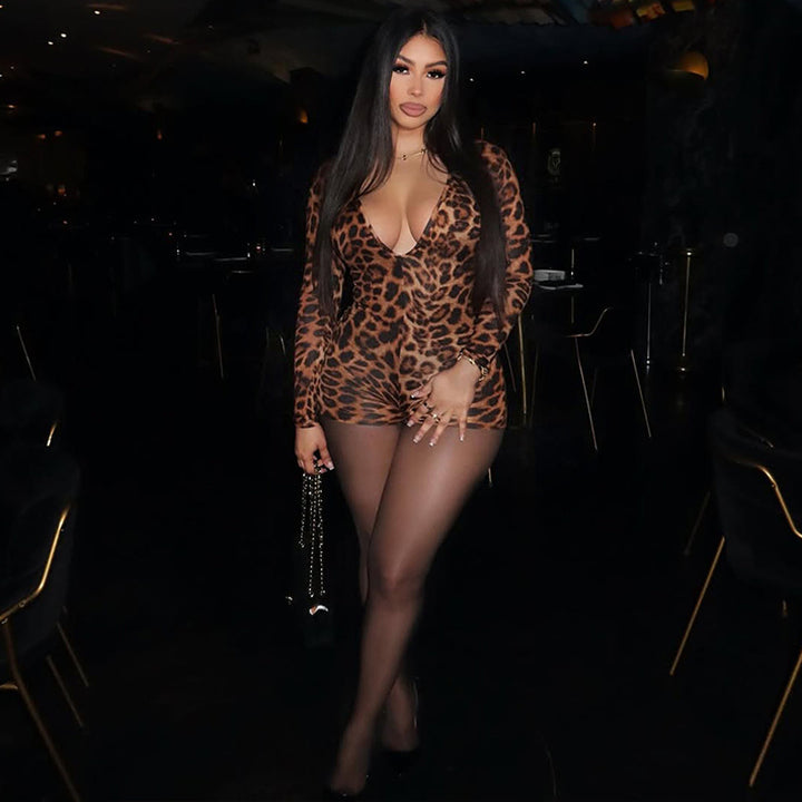 Dame stilfuld leopardmønster bodysuit med V-udskæring og lange ærmer Skovae