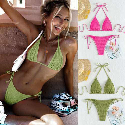 Dame triangel-bikini med fine rynker og sideløbende bindebånd Skovae