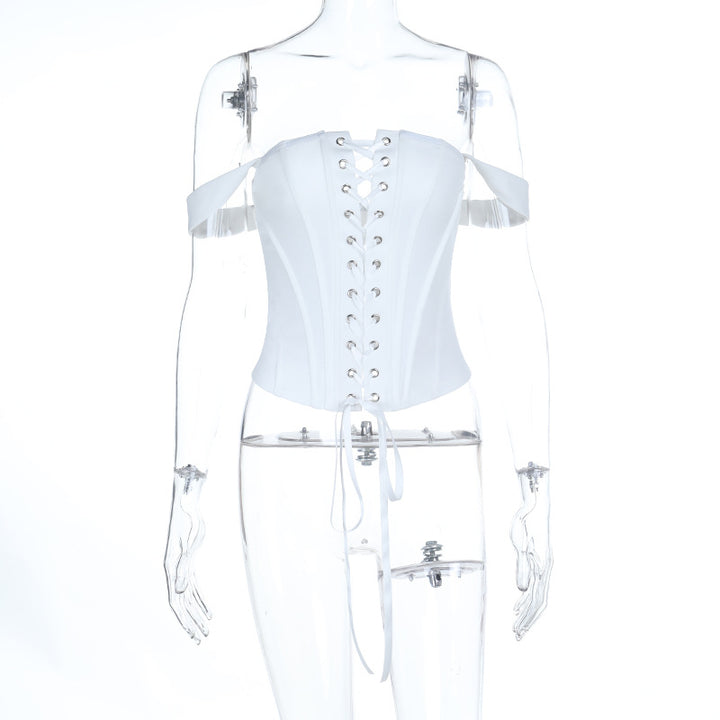 Dame korsets-overdel med skulderfri design og dekorative snørre detaljer Skovae