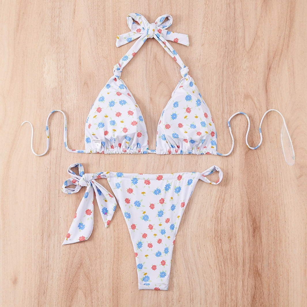 Dame blomsterprint bikini-sæt med legesyg bindemåde og høj udskæring Stilla