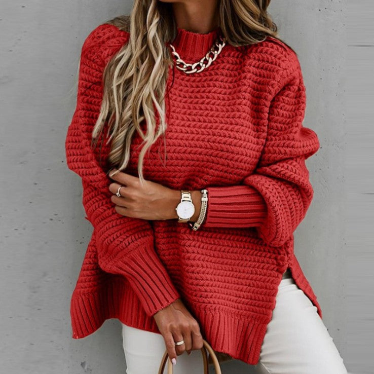 Kvindernes chunky strik sweater med høj hals og sidelunger Stilla
