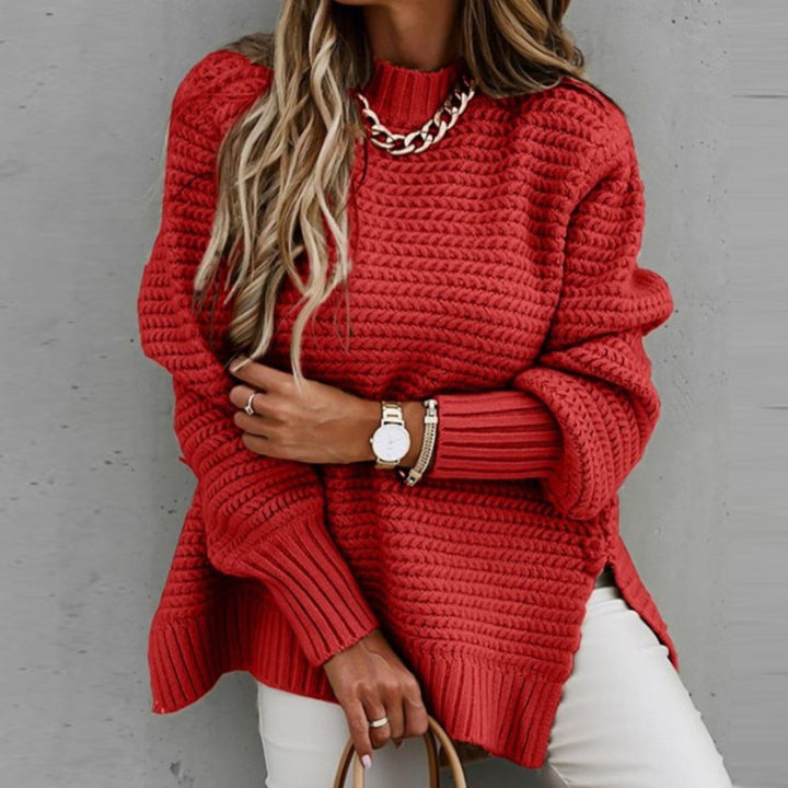Kvindernes chunky strik sweater med høj hals og sidelunger Stilla