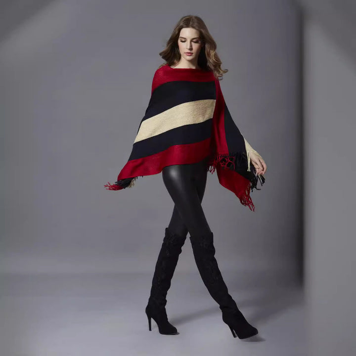 Dame geometrisk print poncho med frynse-bund Stilla