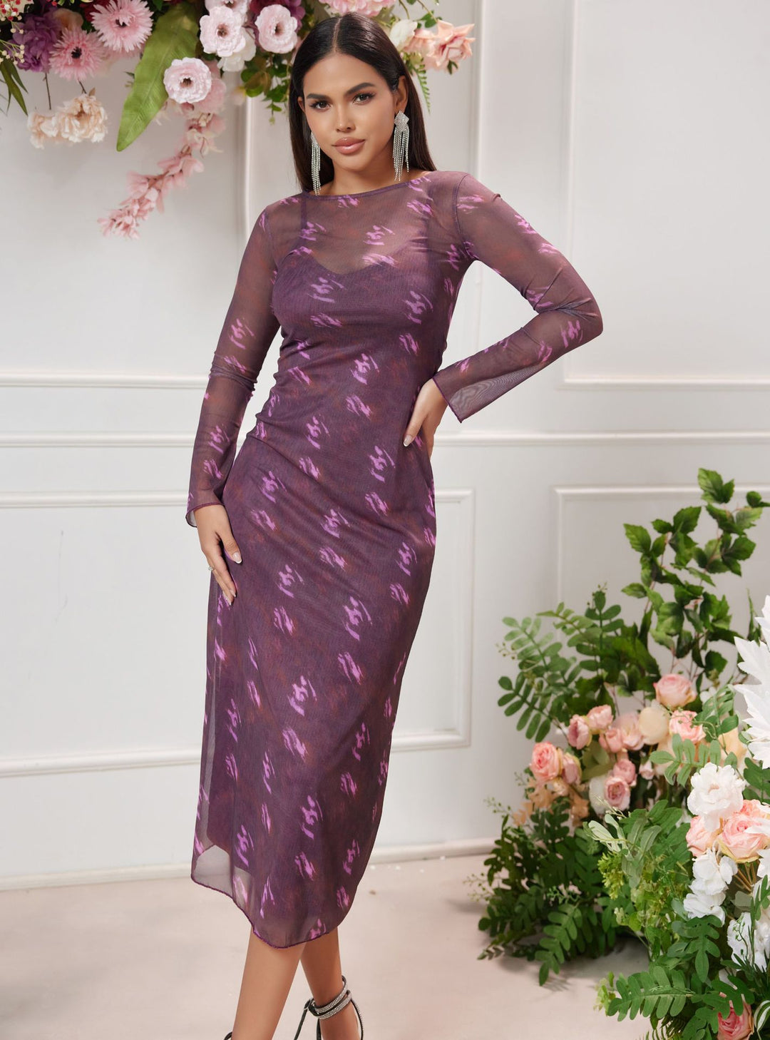 Dame Transparent Floral Midi Kjole Stilla