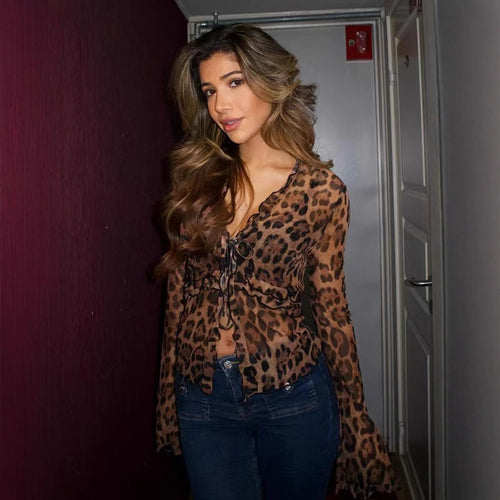 Dame langærmet bluse med leopardprint og bindebånd Stilla