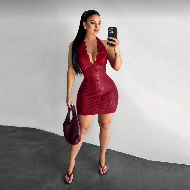 Dame Elegant Bodycon Kjole med Spidsdetaljer og Dybt V-Udskæring Skovae