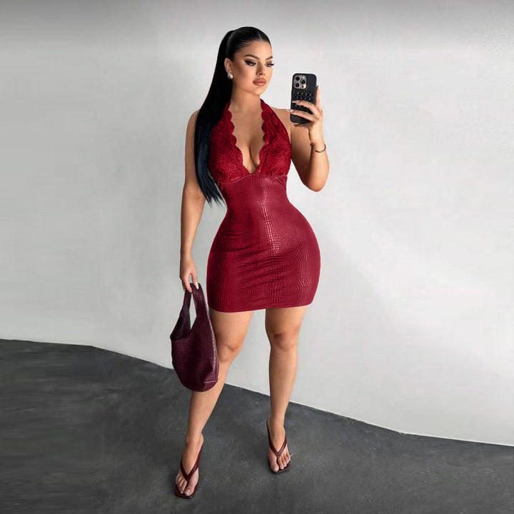Dame Elegant Bodycon Kjole med Spidsdetaljer og Dybt V-Udskæring Skovae
