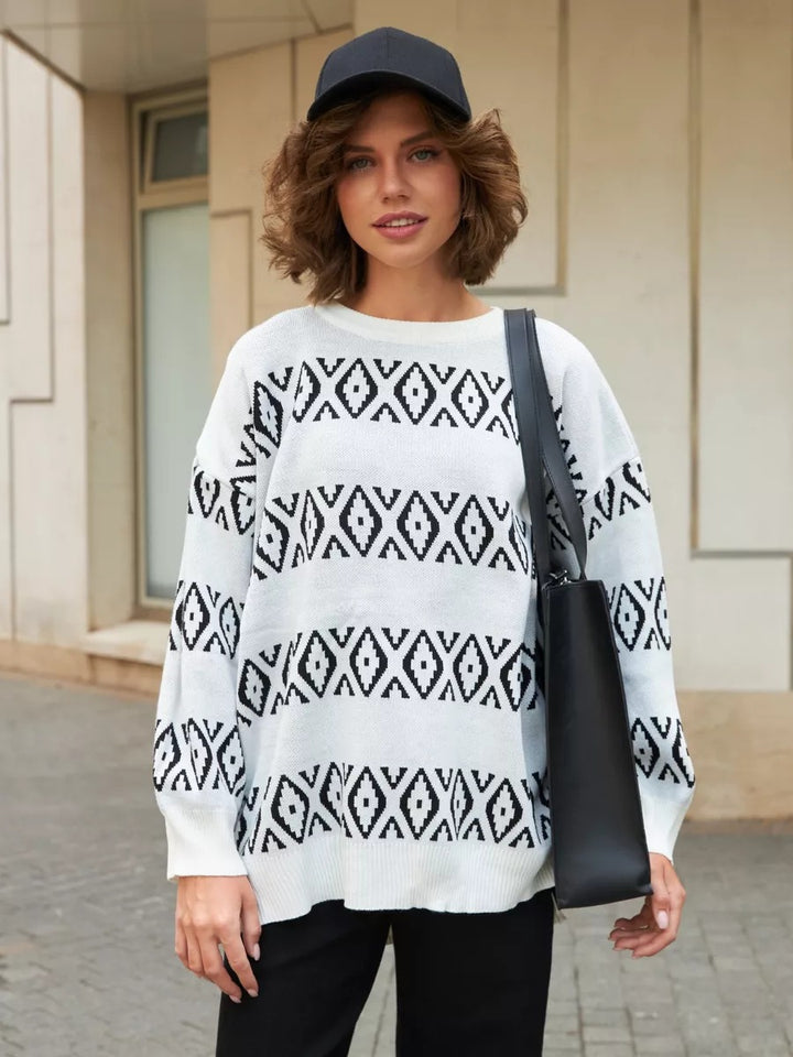 Dame afslappet strikpullover med geometrisk mønster Stilla