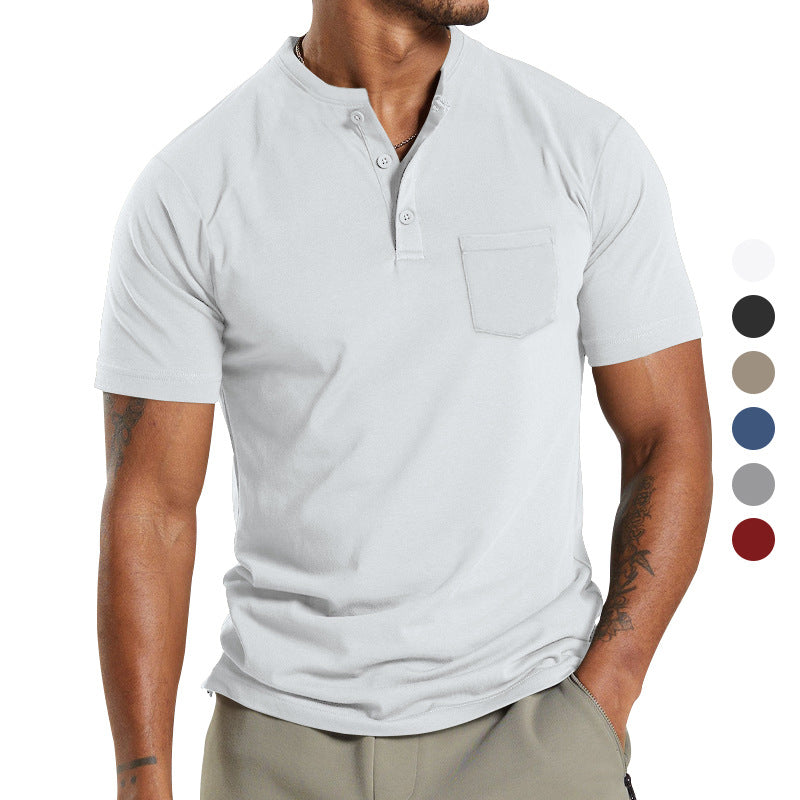 Herrer nan åndbar bomuld-elastan kortærmet henley med brystlomme Skovae