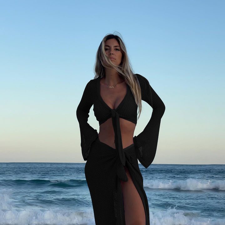 Dame hæklede strandkjole med elegante bindebånd og gennemsigtig maske-struktur Stilla