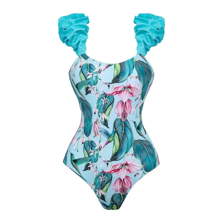 Dame one-piece badedragt med flæseret stropper og blomster mønster Stilla