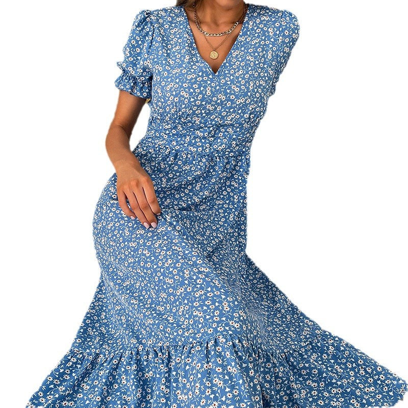 Dame Floral Print Viskestofkjole med Flæsekanter Stilla