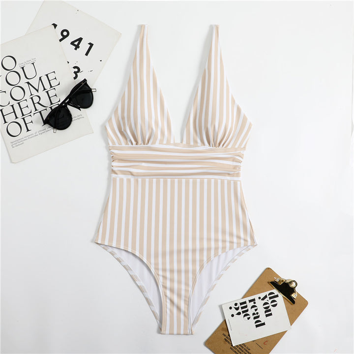 Dame hel jumpsuit badedragt med dyb V-hals og vertikale striber Stilla
