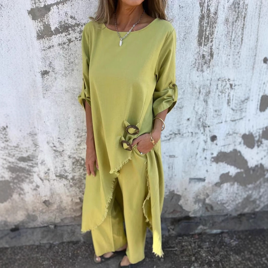 Dame Relaxed Fit Midi Kjole med Knapdetaljer Stilla