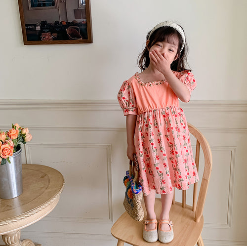 Pige Blomster Puffærme Kjole med Flæse Spalte Stilla