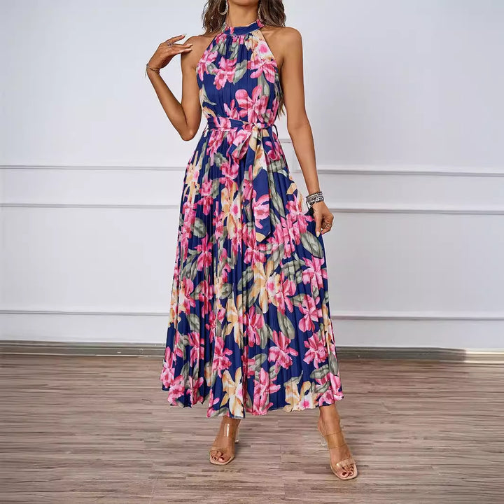 Dame Plisseret Maxikjole med dyb Halterneck og blomstret Taljering Stilla