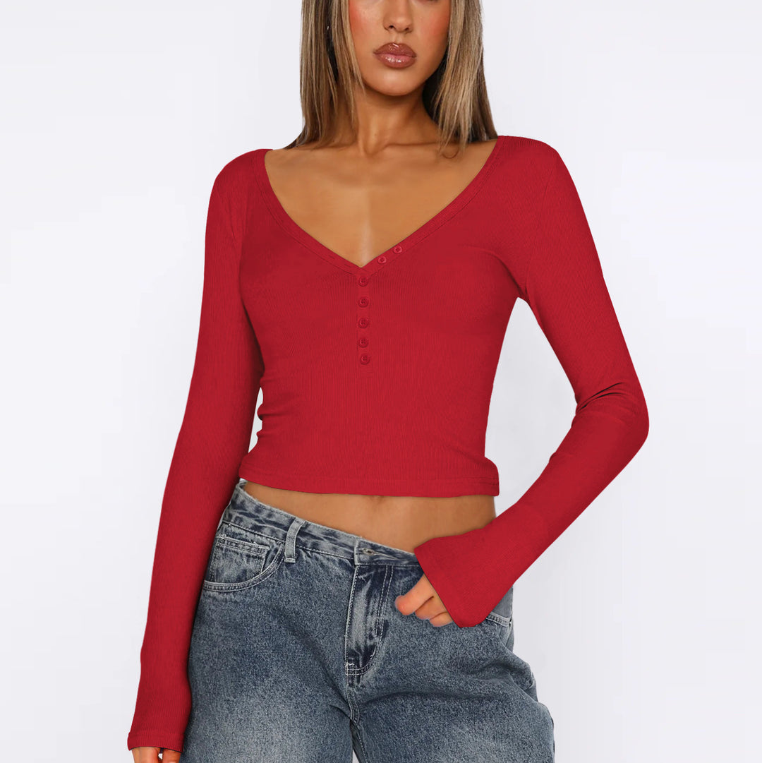 Dame Langærmet Crop-Top med V-udskæring og knapliste Stilla
