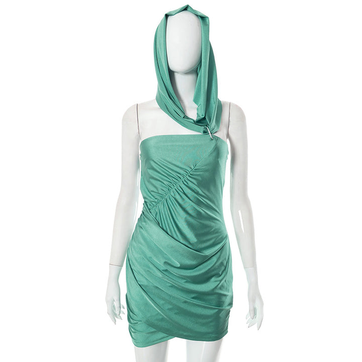 Femme Raffung Bodycon Mini Kjole med Hætte Detalje Stilla