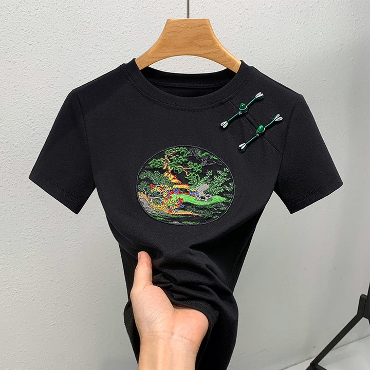 Dame T-shirt med kunstnerisk broderedesign og dekorative applikationer Stilla