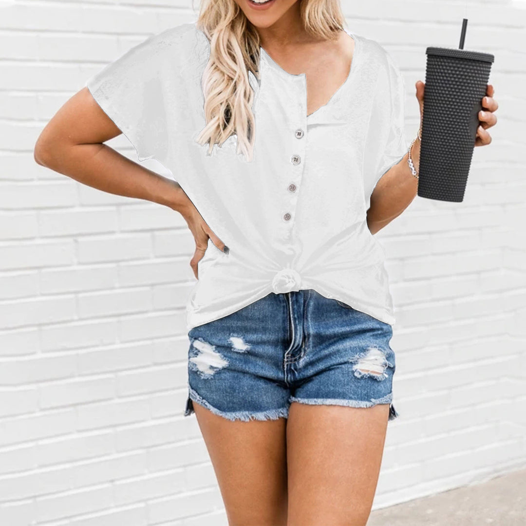 Dame Casual T-shirt med knude-detalje og praktiske knapper Stilla