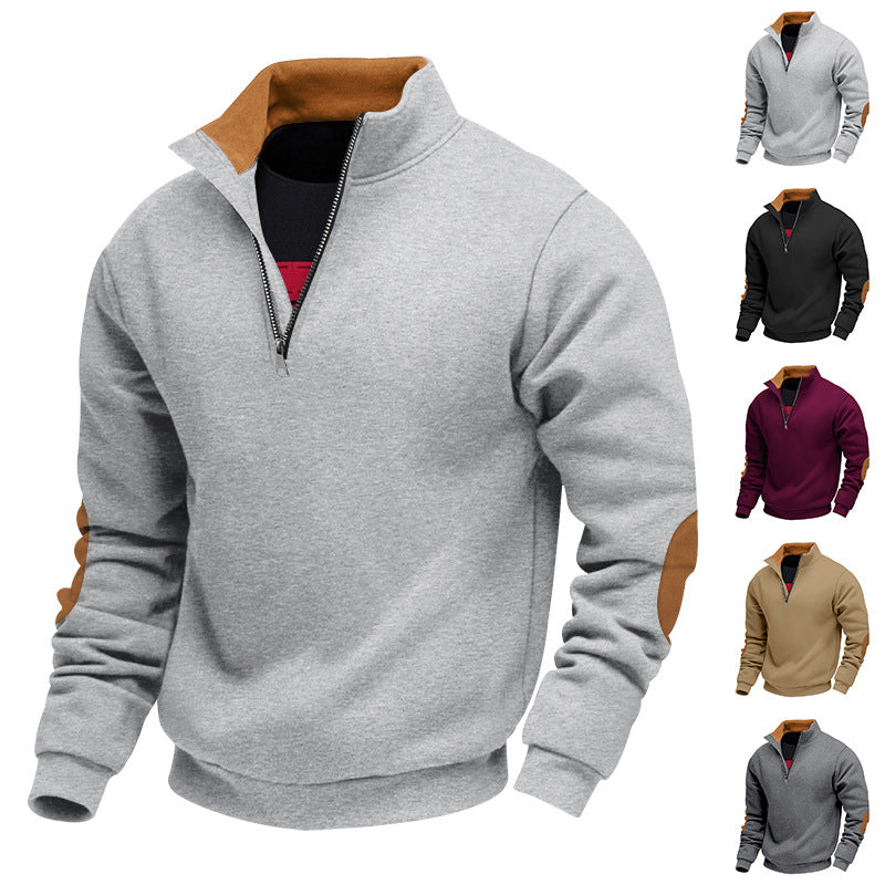 Herren nan Sweatshirt med halv-lynlås, ståkrave og ruskindsalbuebesætning Skovae