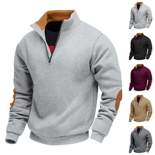 Herren nan Sweatshirt med halv-lynlås, ståkrave og ruskindsalbuebesætning Skovae
