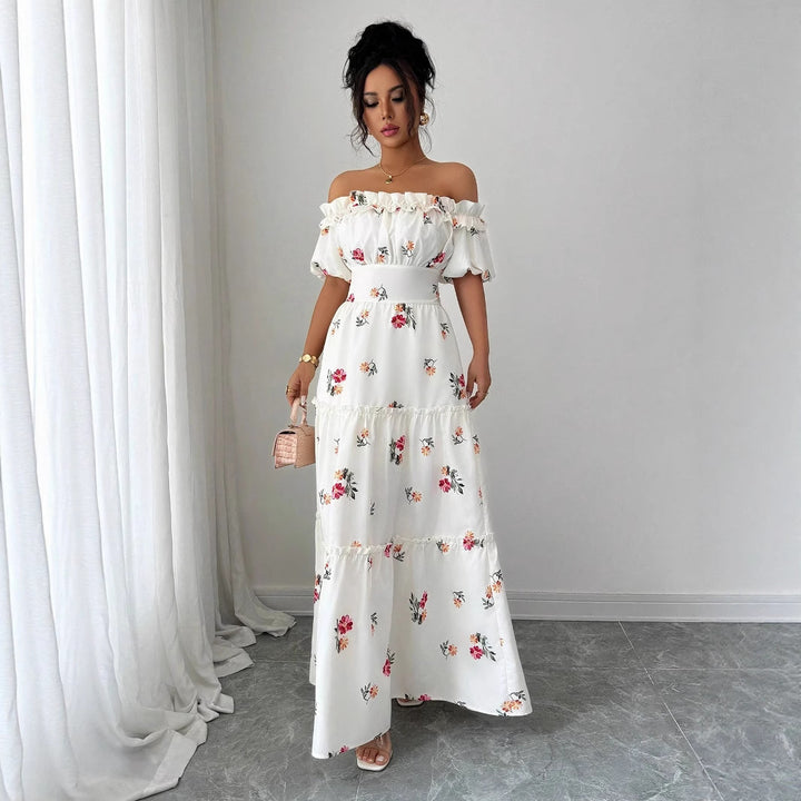 Kvinde Off-Shoulder Maxikjole med florale applikationer og flæser Stilla