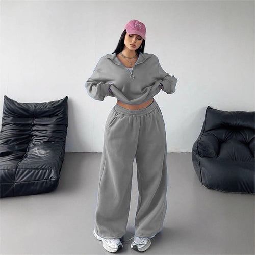 Damerne komfortable fleece loungewear sæt med løs pasform og halvlængde lynlås Skovae
