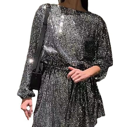 Dame Glamourøst Cocktailkjole med funklende Lurex-tråde og elastisk taljebælte Stilla