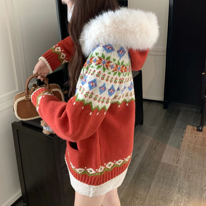 Kvinders cardigan med trendy norsk mønster og luksuriøs faux fur krave Stilla