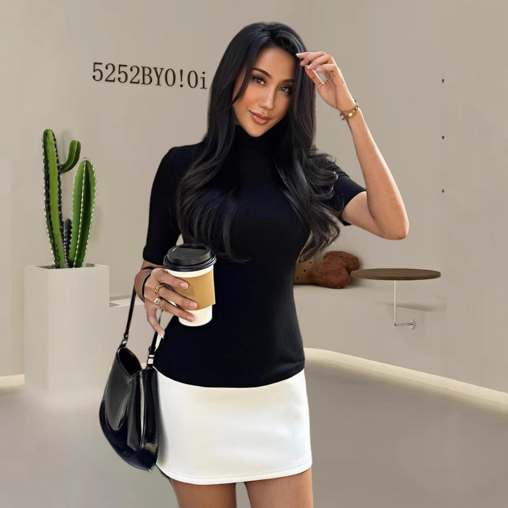 Women's fitted T-shirt with stand-up collar and short sleeves Skovae