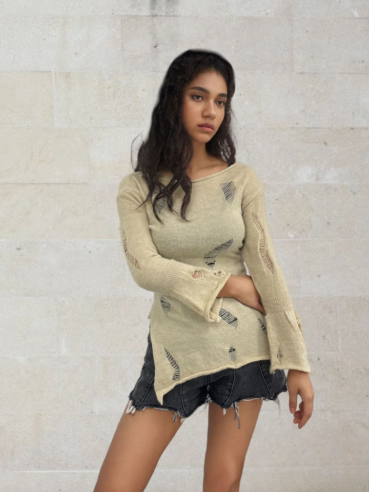 Kvinders urbane ribstrikkede sweater med slidte detaljer Stilla