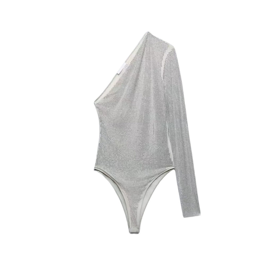 Dame Glitrende Langærmet Bodysuit med asymmetrisk Snit og raffineret Netdesign Stilla