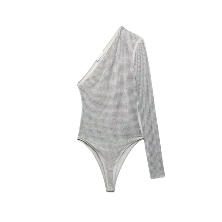 Dame Glitrende Langærmet Bodysuit med asymmetrisk Snit og raffineret Netdesign Stilla