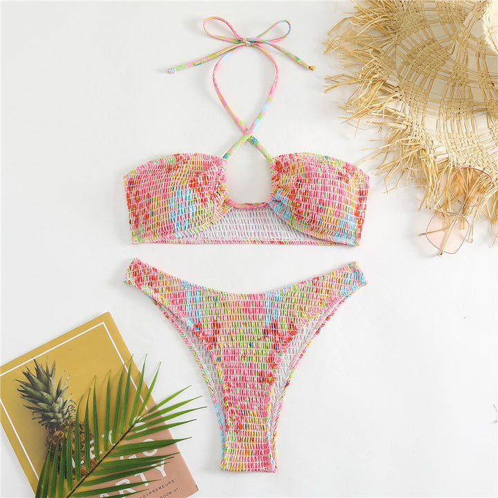 Dame bandeau-bikini med legende indpakningsdetalje og farverigt design Skovae