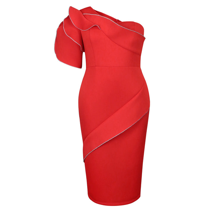 Dame figurtilpasset indpakningskjole med asymmetrisk design og trendy ruffles element Skovae