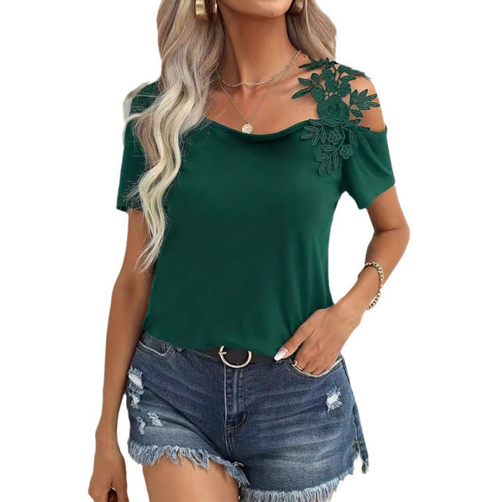 Dame uden skuldertop Jerseyshirt med floral spidsapplikation og løs pasform Skovae