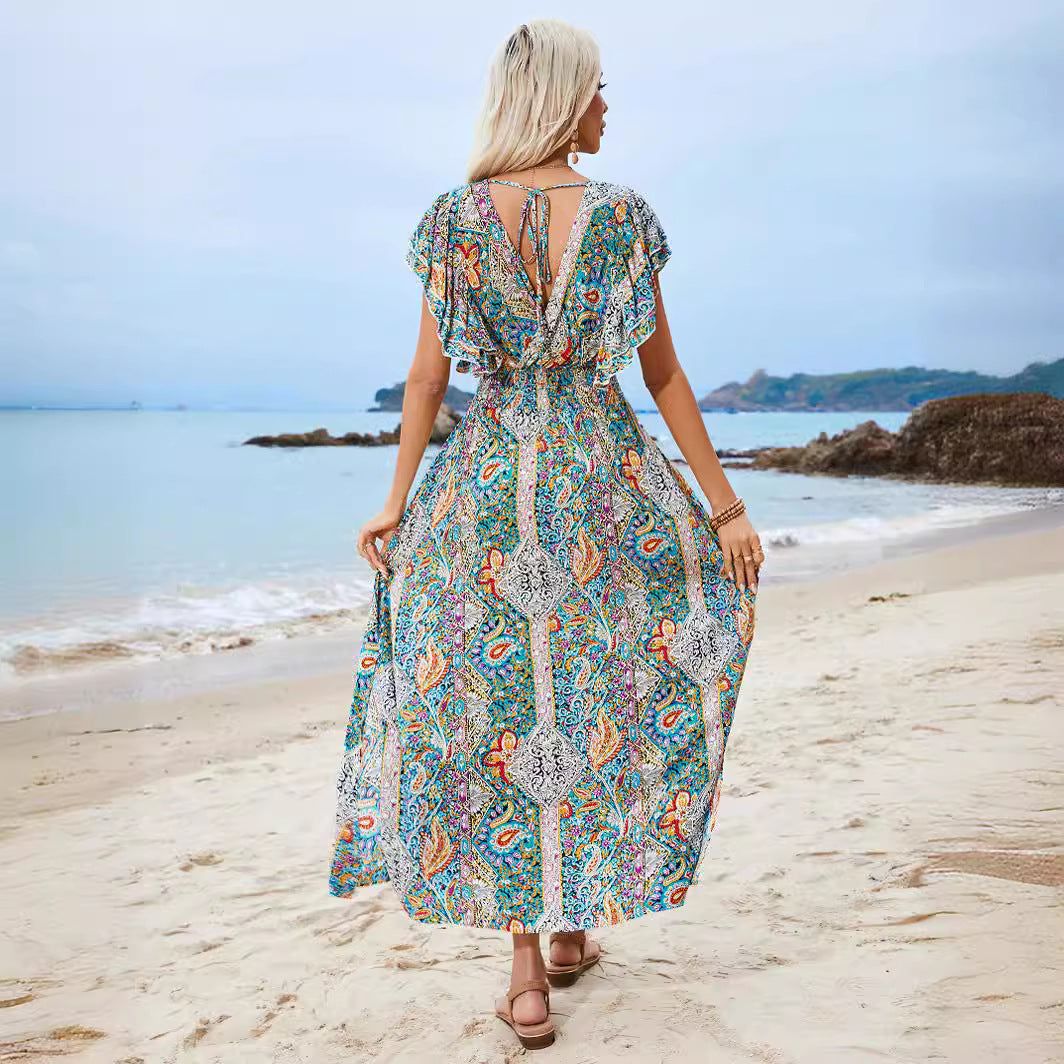 Dame Maxikjole i Boho-stil med voluminøse ærmer og dyb V-udskæring Stilla